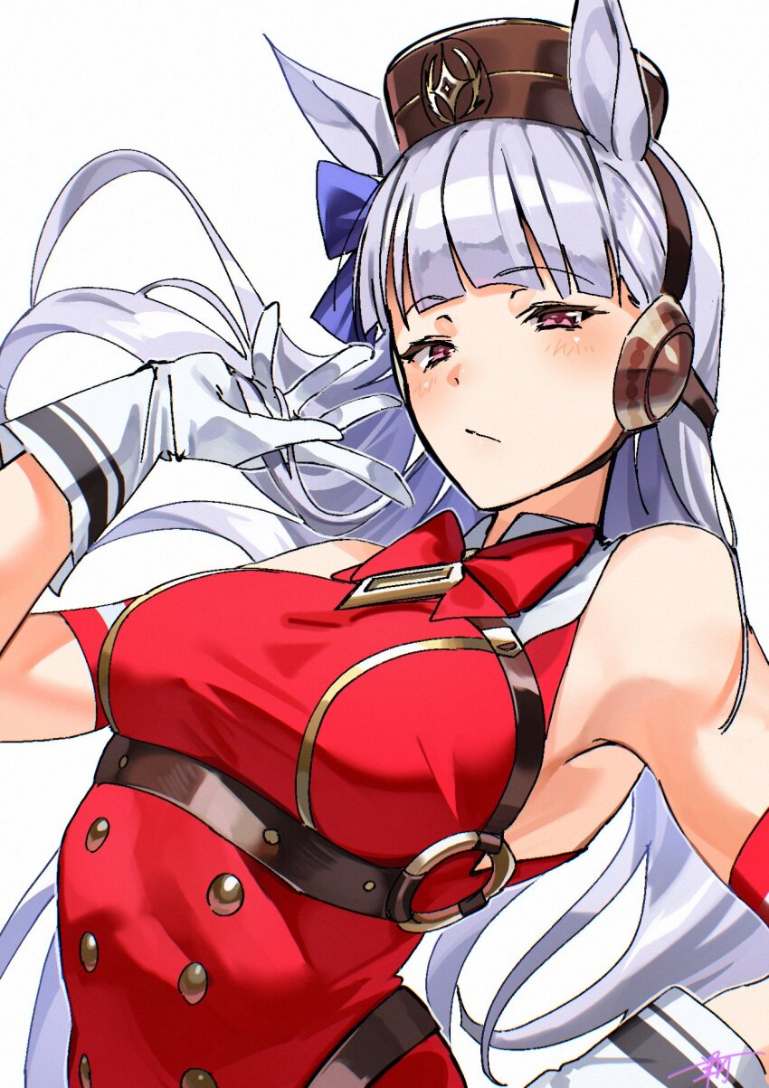 1girl, animal_ears, armband, blunt_bangs, blush, bow, bowtie, breasts