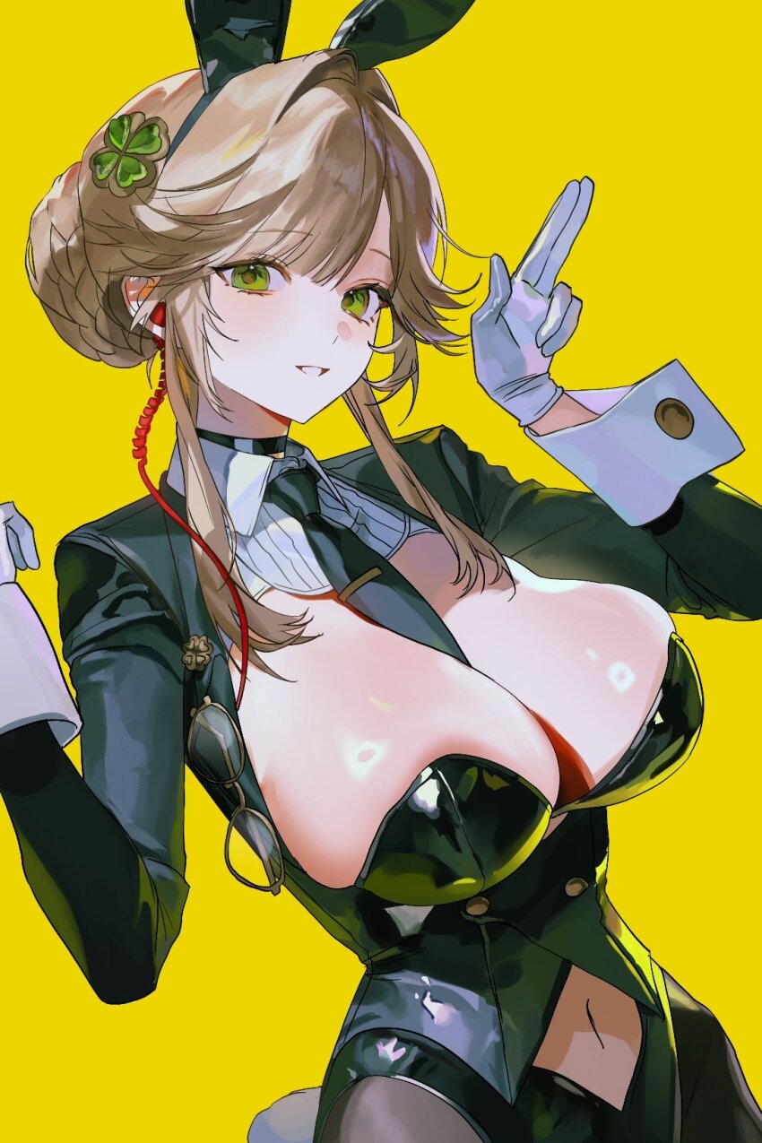 1girl, ade_(agent_bunny)_(nikke), ade_(nikke), ade_(nikke)_(cosplay), animal_ears, between_breasts, black_necktie, blush, braid, breasts, bun_with_braided_base, clover_hair_ornament, cosplay, fake_animal_ears, four-leaf_clover_hair_ornament, gloves, goddess_of_victory:_nikke, green_eyes, hair_bun, hair_ornament, hashtag-only_commentary, hhuu1332, highres, large_breasts, looking_at_viewer, medium_sidelocks, navel, necktie, necktie_between_breasts, official_alternate_costume, playboy_bunny, rabbit_ears, skindentation, solo, undersized_breast_cup, unworn_eyewear, upper_body, white_gloves, yellow_background