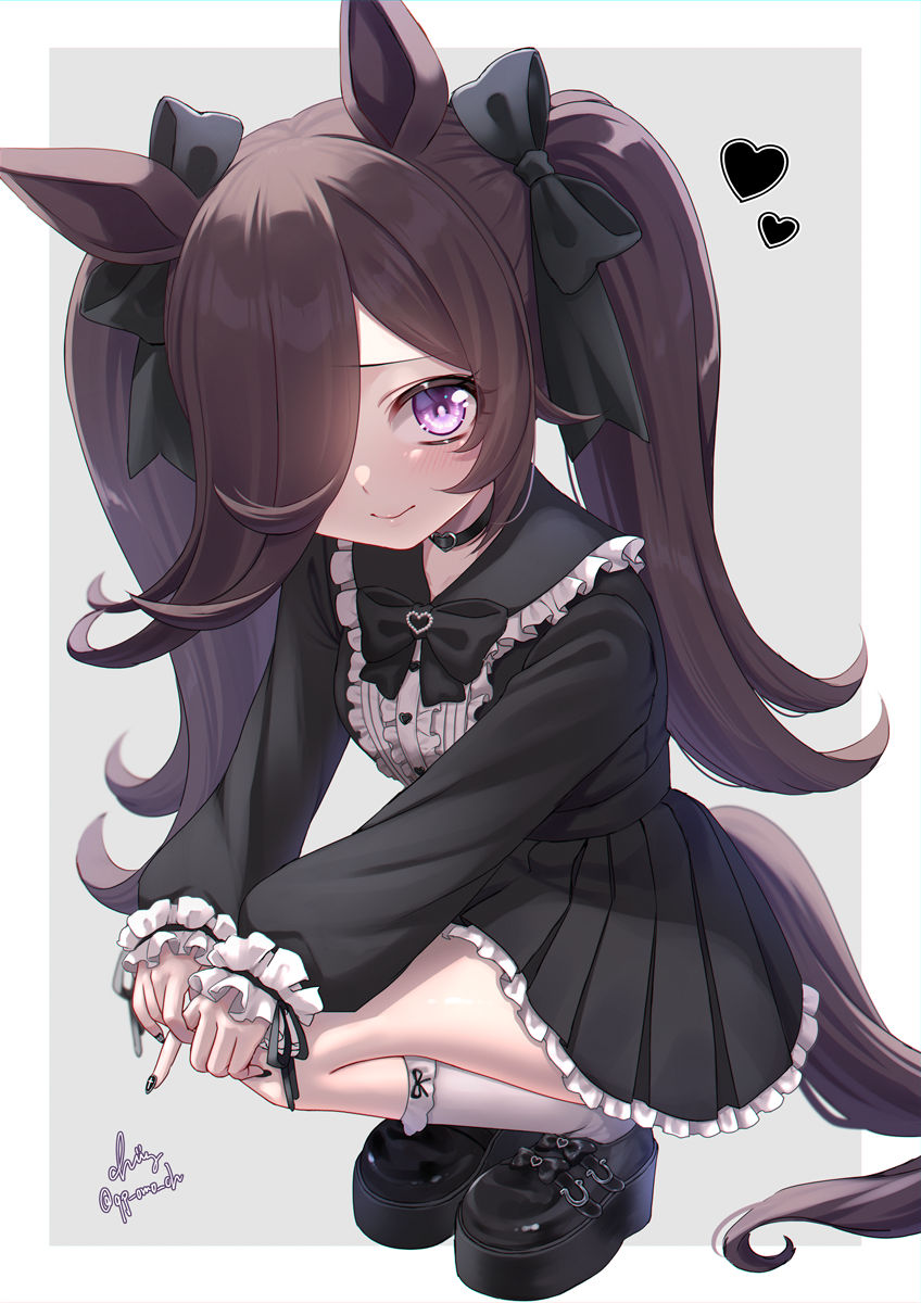 1girl, animal_ears, black_boots, black_bow, black_bowtie, black_dress, black_hair, black_nails