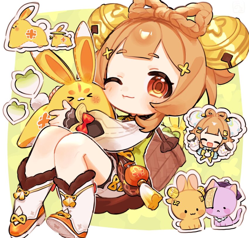 1girl, :d, ;3, ^_^, animalization, bell, blunt_bangs, blush