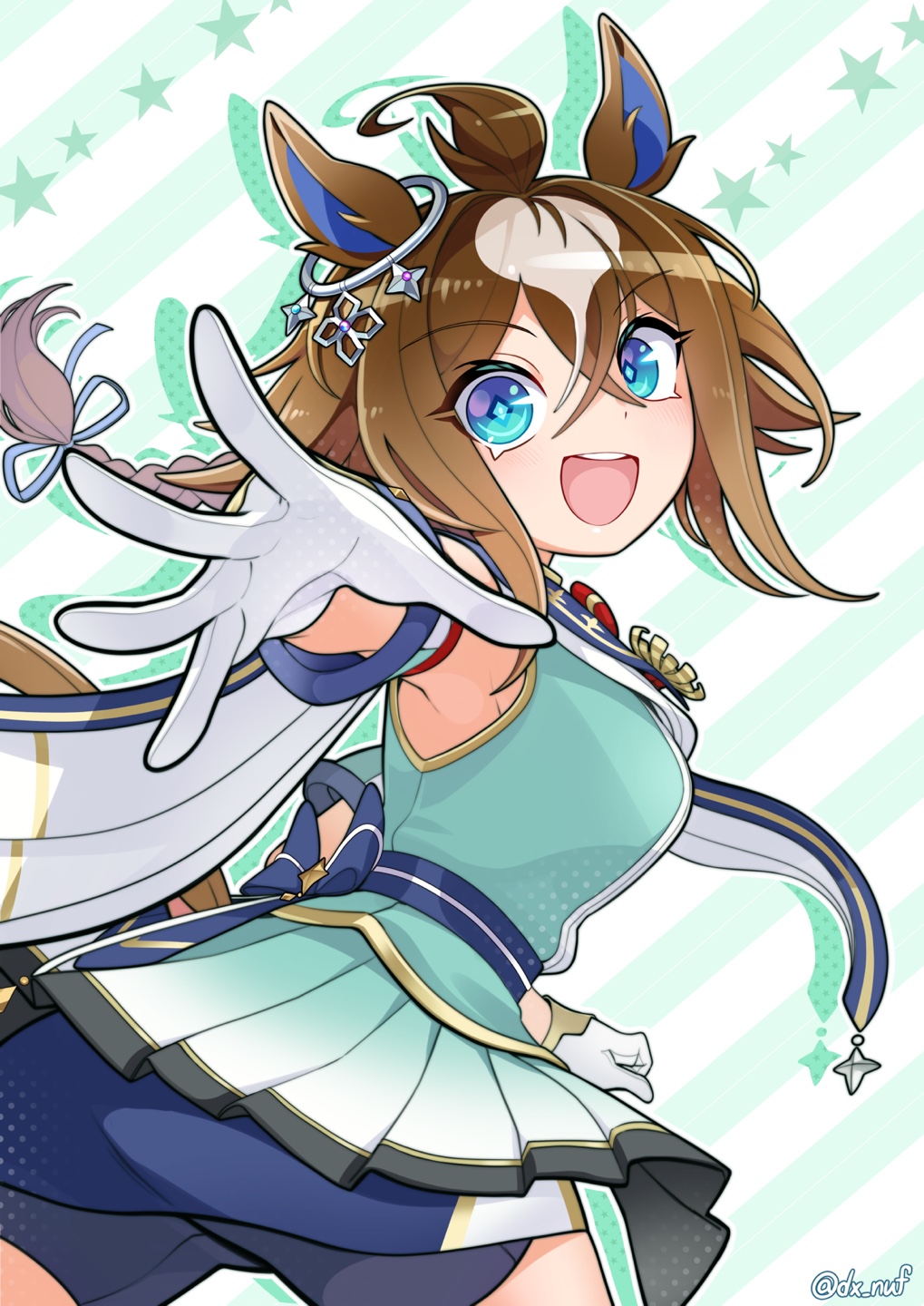 1girl, animal_ears, black_shorts, blue_eyes, blush, braid, breasts, brown_hair