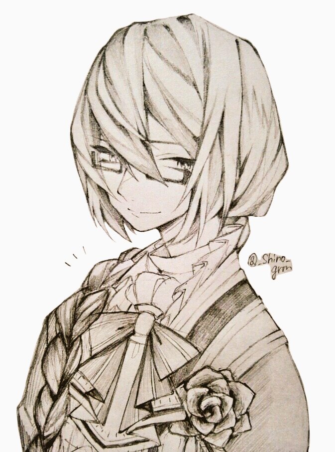 1boy, braid, closed_mouth, clovis_(grimms_notes), clovis_(original)_(grimms_notes), commentary_request, flower, grimms_notes