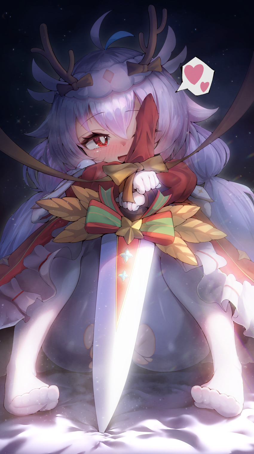 1girl, absurdres, alternate_costume, antenna_hair, antlers, apollo_(twinkle_star_knights), blue_hair, blush