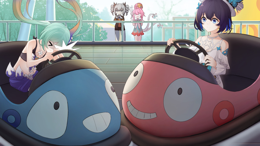 >_<, 4girls, absurdres, bare_shoulders, blue_eyes, blue_hair, blue_sky, bob_cut