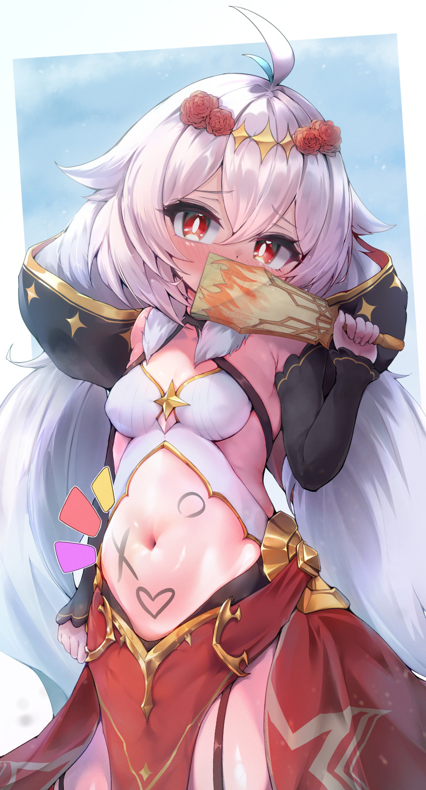 1girl, absurdres, alternate_costume, antenna_hair, apollo_(twinkle_star_knights), bare_shoulders, belly, blue_hair