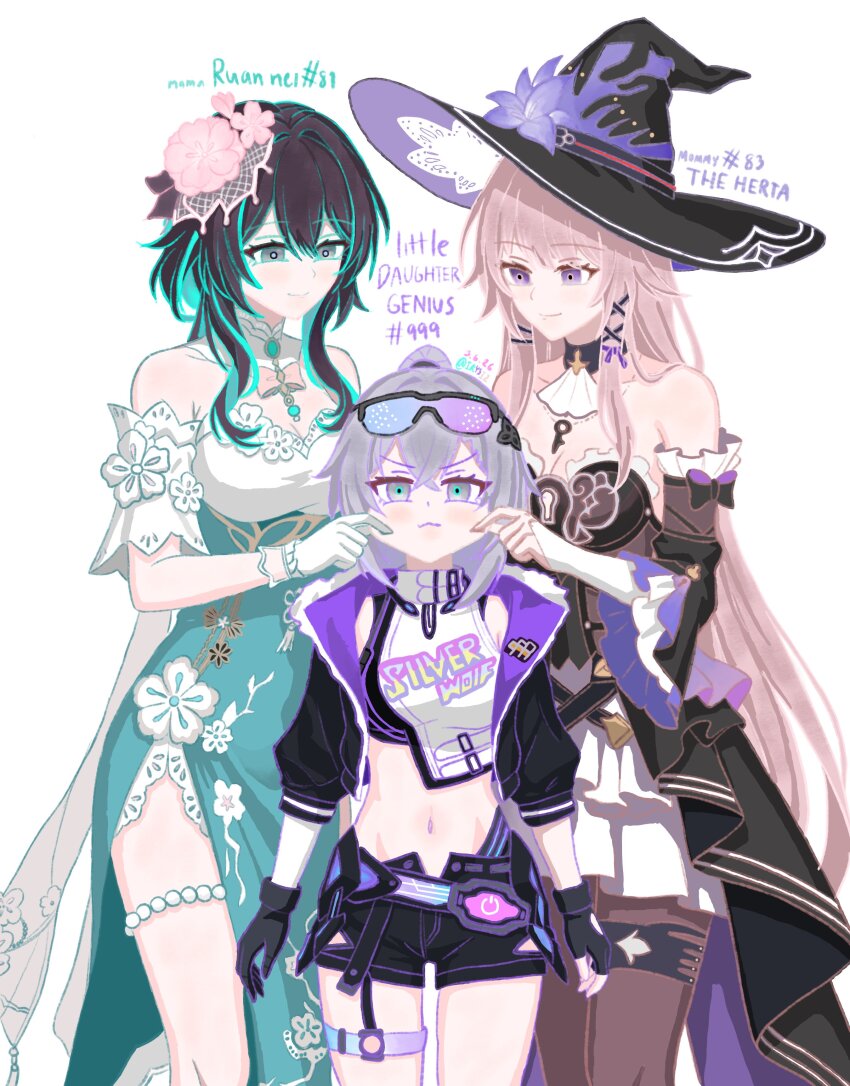 3girls, absurdres, ascot, black_hair, breasts, brown_hair, cheek_pinching, cleavage, clothes_writing, commentary, detached_sleeves, dress, english_commentary, english_text, eyewear_on_head, fishnet_veil, floral_print, gloves, green_eyes, grey_eyes, grey_hair, hat, herta_(honkai:_star_rail), highres, honkai:_star_rail, honkai_(series), irysiz, jacket, midriff, multicolored_hair, multiple_girls, navel, off_shoulder, official_alternate_costume, open_clothes, open_jacket, pinching, purple_eyes, ribbon, ruan_mei_(honkai:_star_rail), ruan_mei_(plumblossom_letter)_(honkai:_star_rail), shorts, silver_wolf_(lv.999)_(honkai:_star_rail), silver_wolf_(honkai:_star_rail), the_herta_(honkai:_star_rail), thigh_strap, white_background, witch_hat