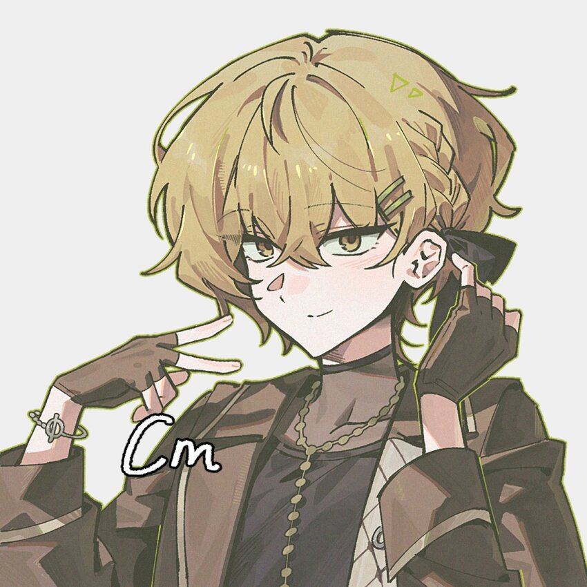 1boy, black_bow, black_choker, black_shirt, blonde_hair, bow, braid, brown_gloves