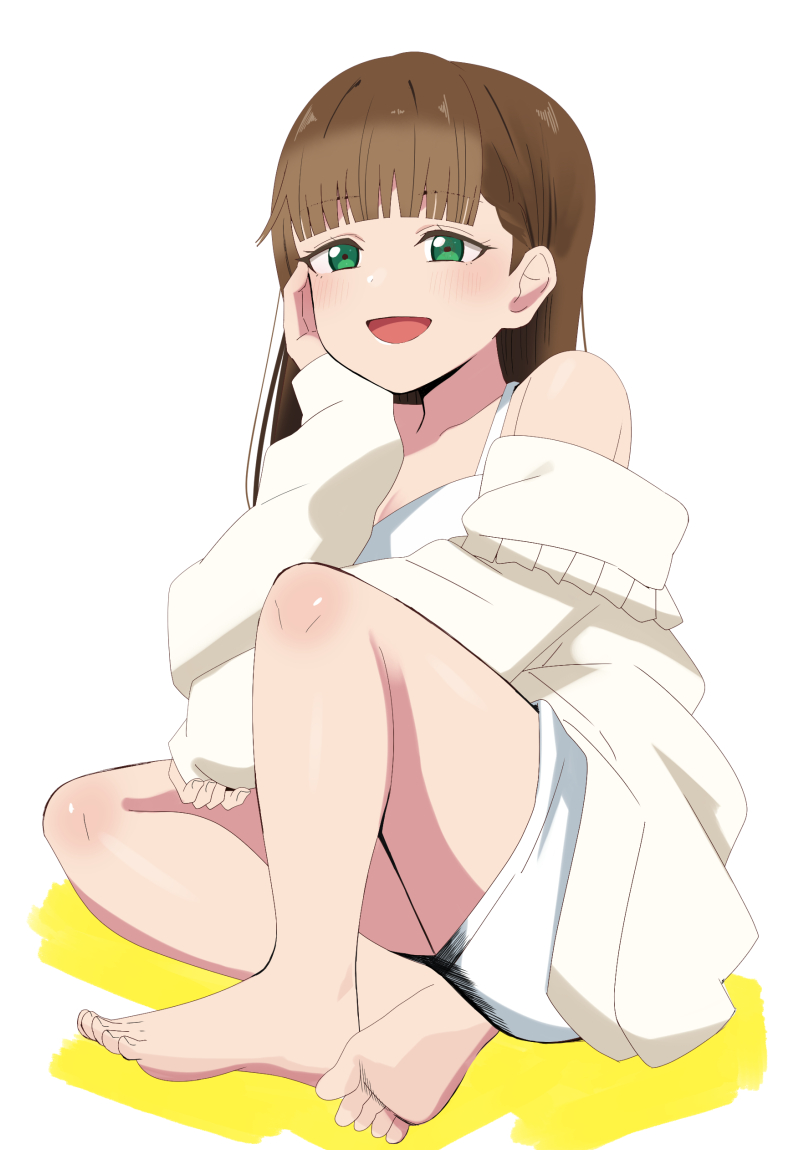 1girl, bare_shoulders, barefoot, breasts, brown_hair, cardigan, center-flap_bangs, cleavage
