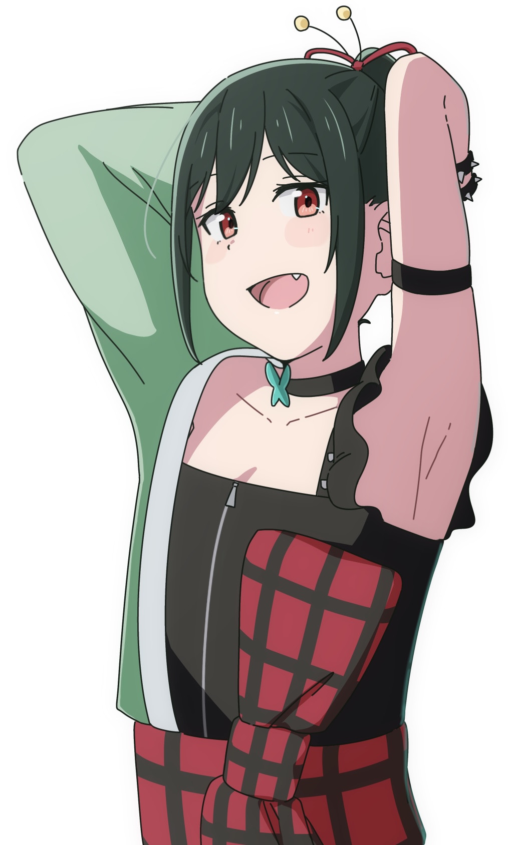 1girl, armpits, arms_up, breasts, cleavage, collarbone, commentary_request, fang