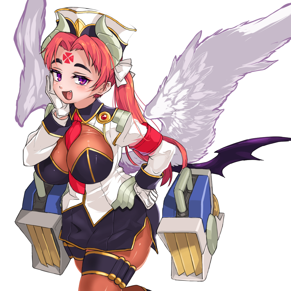 1girl, armband, bat_wings, between_breasts, black_hat, black_shirt, black_skirt, bodystocking