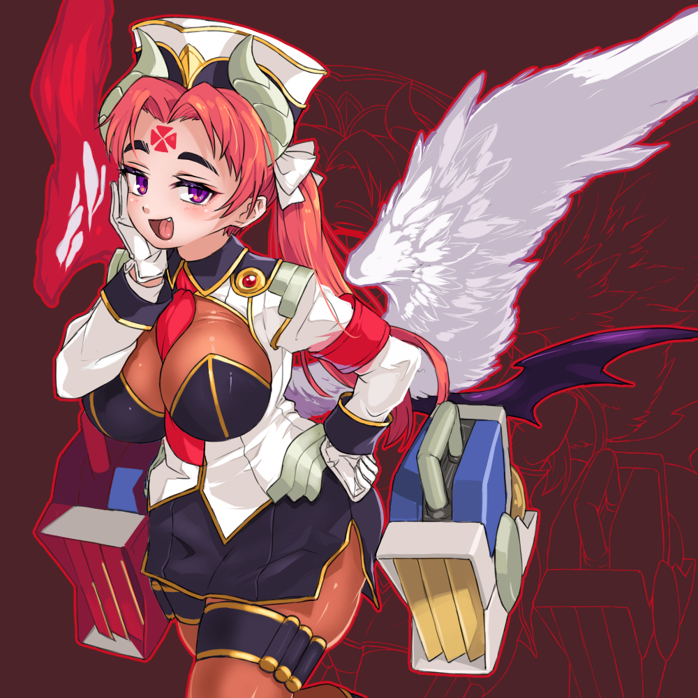 1girl, armband, bat_wings, between_breasts, black_hat, black_shirt, black_skirt, bodystocking