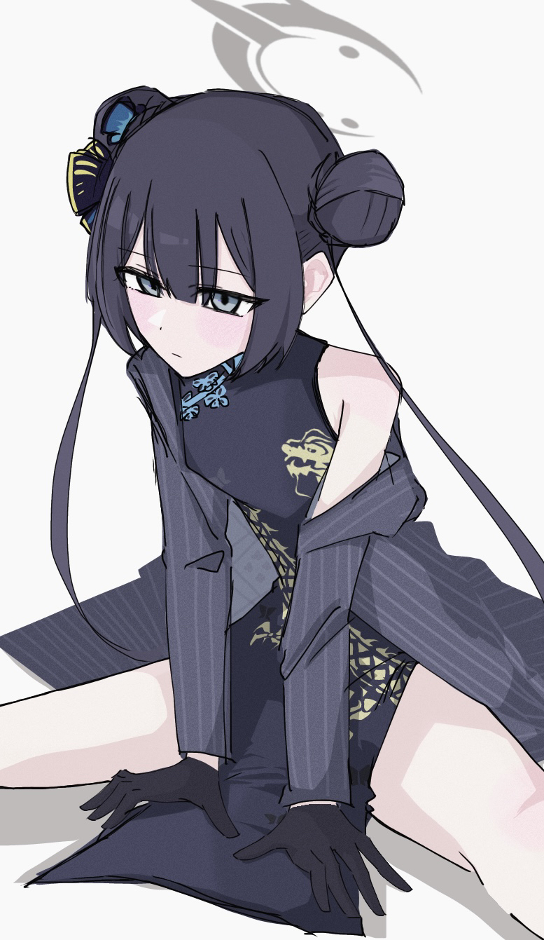 1girl, black_dress, blue_archive, chinese_clothes, commentary_request, double_bun, dress, gloves