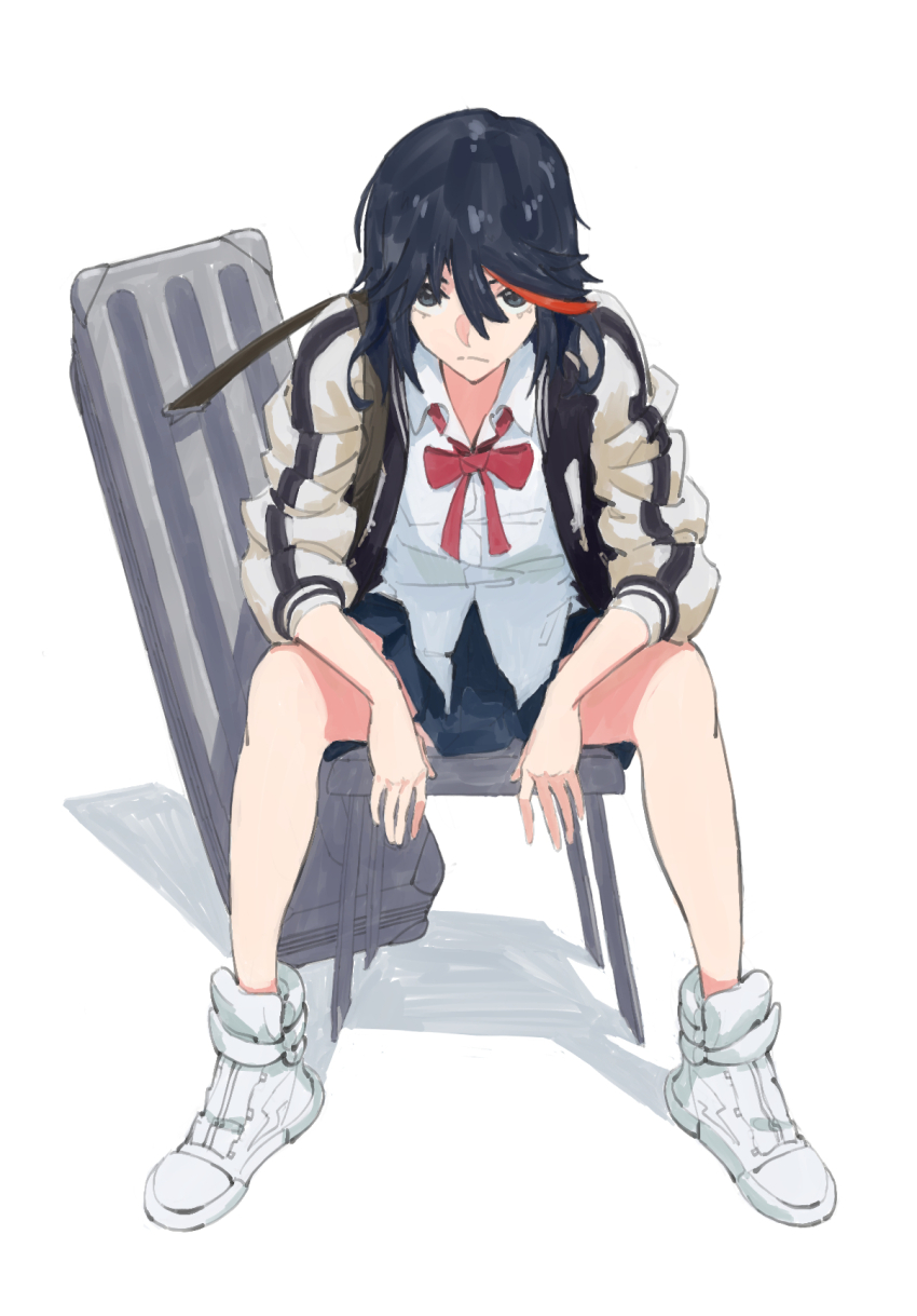 1girl, bag, bare_legs, black_hair, bow, chair, commentary_request, full_body