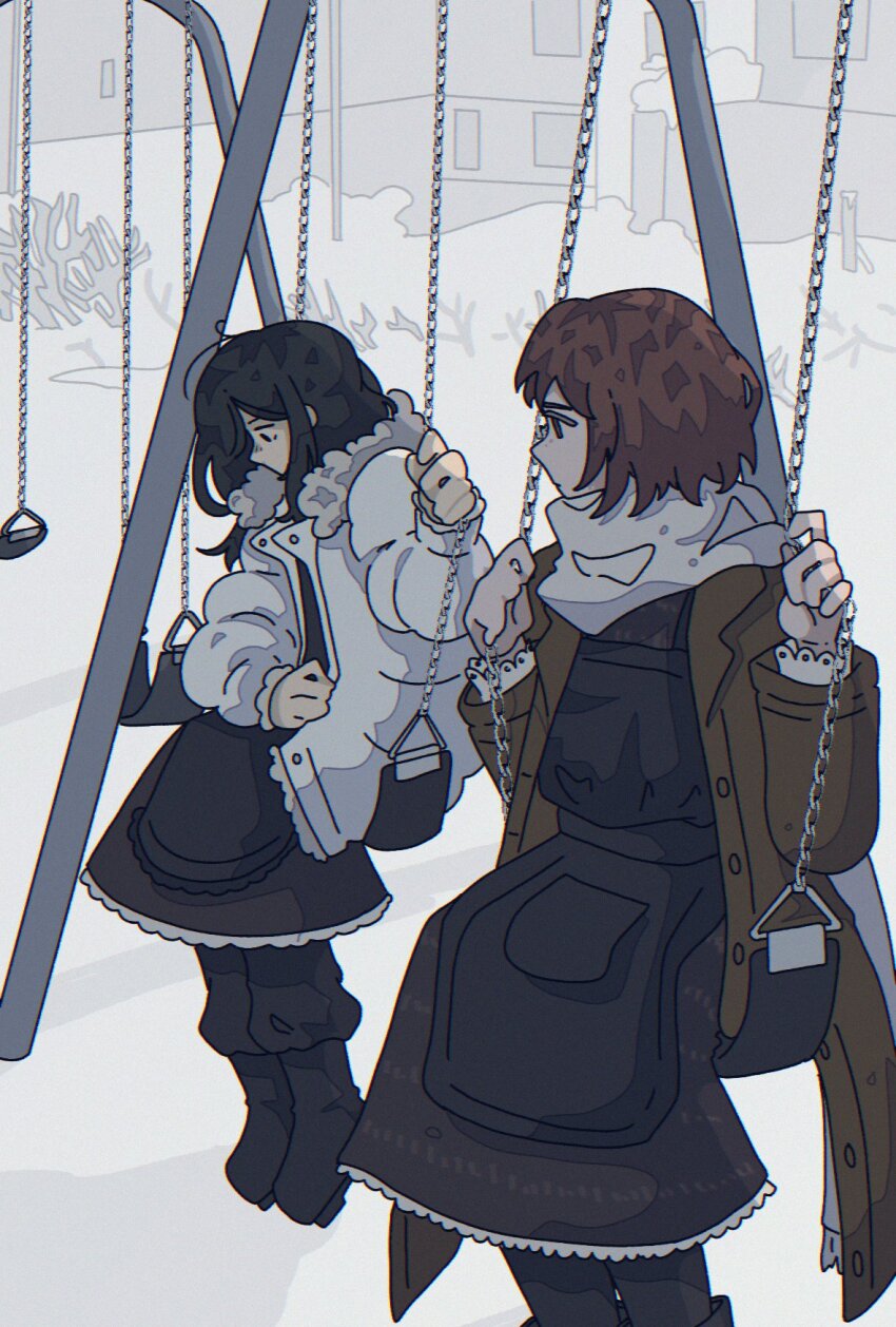 apron, asya_shubina, black_apron, black_hair, boots, brown_coat, brown_dress, brown_eyes