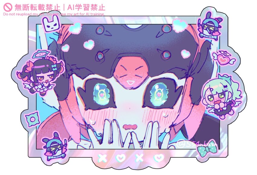 3girls, angels_of_delusion, aqua_hair, aria_(zenless_zone_zero), bangboo_(zenless_zone_zero), black_hair, blush, chibi