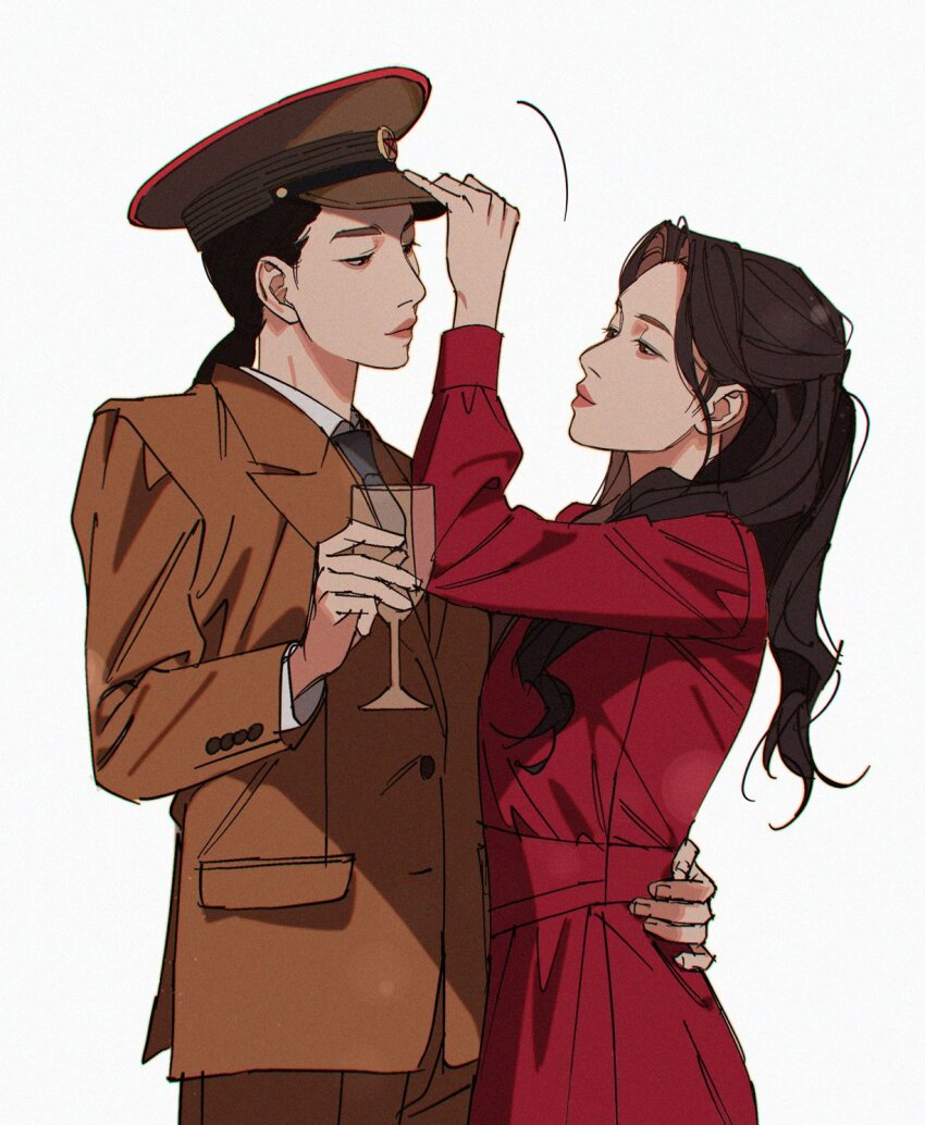 2girls, brown_hair, brown_hat, brown_jacket, c0s0m2, closed_mouth, commentary_request, cup