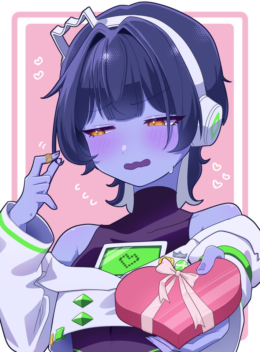1girl, ^^^, averting_eyes, bare_shoulders, blue_hair, blue_skin, blush, box, box_of_chocolates, colored_skin, commentary_request, crop_top, headphones, heart, highres, incoming_gift, indie_virtual_youtuber, long_sleeves, orange_eyes, playing_with_own_hair, screen, shirt, short_hair, simple_background, sleeveless, sleeveless_shirt, solo, sumeragi_yuzuru, sumeragi_yuzuru_(artist), sweatdrop, tight_clothes, tight_shirt, valentine, virtual_youtuber