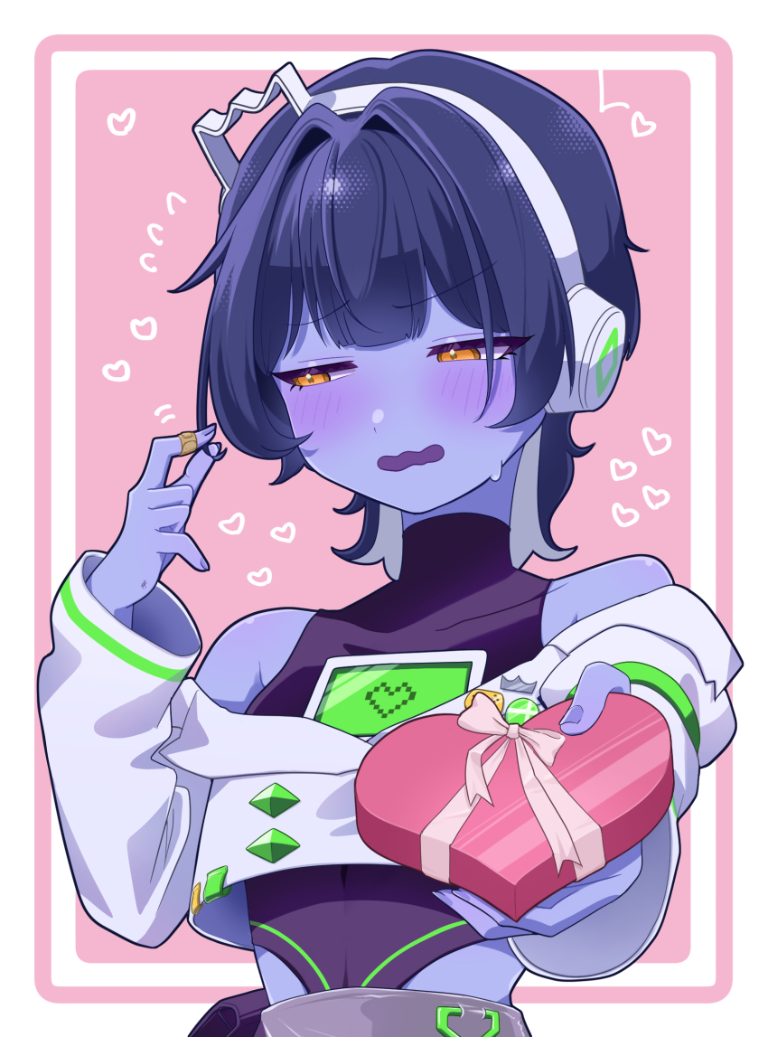 1girl, ^^^, averting_eyes, bare_shoulders, blue_hair, blue_skin, blush, box