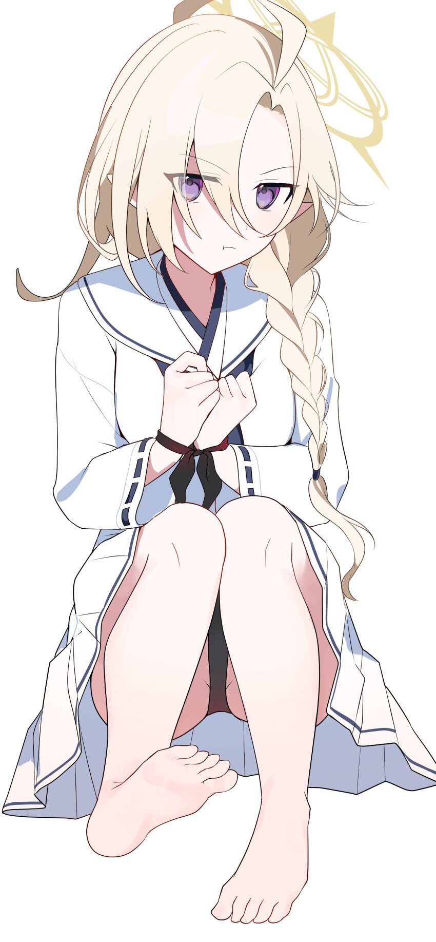 absurdres, ahoge, ayame_(blue_archive), barefoot, black_panties, blonde_hair, blue_archive, bound, bound_wrists, halo, hashtag-only_commentary, highres, long_hair, panties, pantyshot, pleated_skirt, purple_hair, ribbon-trimmed_sleeves, ribbon_trim, sailor_collar, sailor_shirt, school_uniform, serafuku, shirt, simple_background, sitting, skirt, tyokosohu, underwear, white_background, white_sailor_collar, white_serafuku, white_shirt, white_skirt, yellow_halo