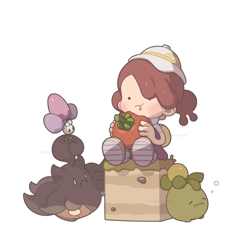 1girl, alternate_form, backpack, bag, closed_eyes, commentary_request, ditto, eating