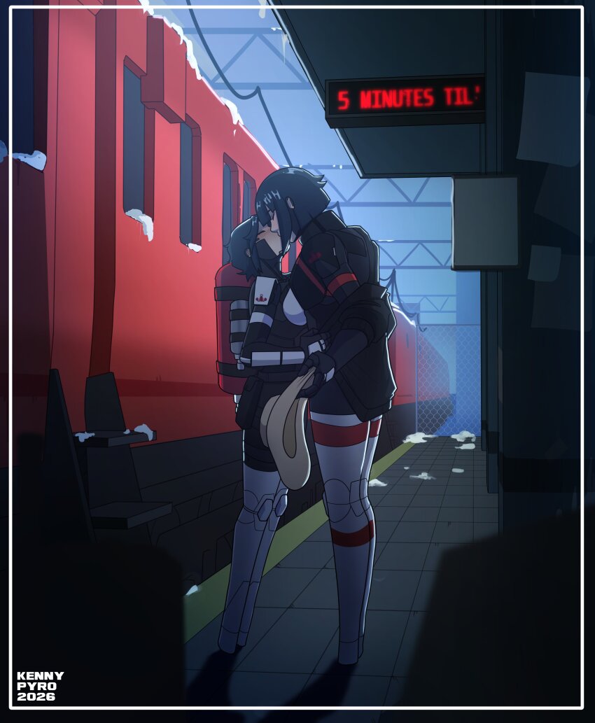 2girls, absurdres, black_hair, english_text, eule_(signalis), full_body, hat, height_difference, highres, holding, holding_unworn_clothes, holding_unworn_hat, kenny_pyro, kiss, multiple_girls, no_feet, robot_girl, short_hair, signalis, snow, star_(signalis), train, train_station, train_station_platform, unworn_hat, unworn_headwear, wire_fence, yuri