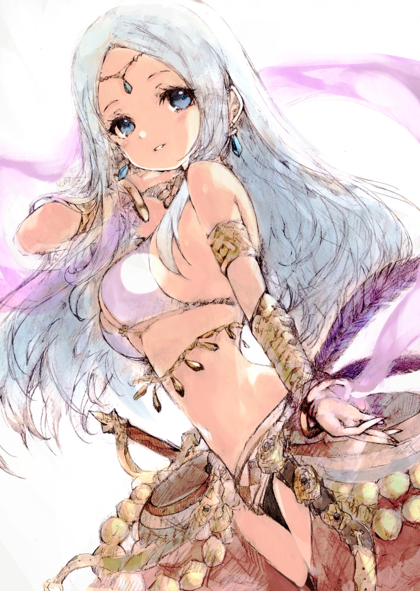 1girl, bikini, blue_eyes, breasts, circlet, cleavage, commentary_request, dancer