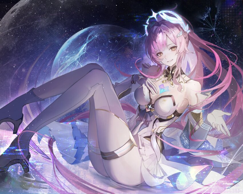 1girl, aemeath_(wuthering_waves), bare_shoulders, breasts, commentary, elbow_gloves, gloves, hair_ornament, highres, leotard, long_hair, looking_at_viewer, medium_breasts, mewutd, orange_eyes, parted_lips, pink_hair, ponytail, skirt, smile, solo, space, star-shaped_pupils, star_(symbol), strapless, strapless_leotard, symbol-shaped_pupils, tacet_mark_(wuthering_waves), thighs, very_long_hair, white_gloves, white_leotard, white_skirt, wuthering_waves