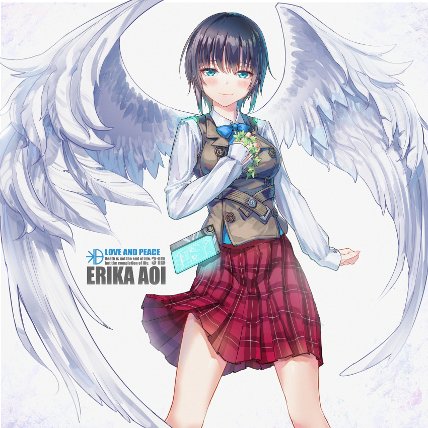 1girl, absurdres, angel, angel_wings, aoi_erika, arm_at_side, blue_bow, blue_bowtie