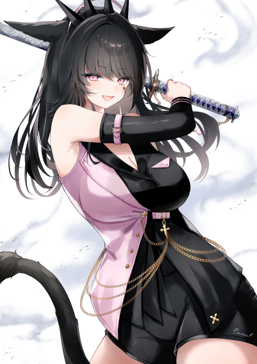 1girl, absurdres, animal_ears, arm_belt, bare_shoulders, black_hair, black_shirt, black_shoes