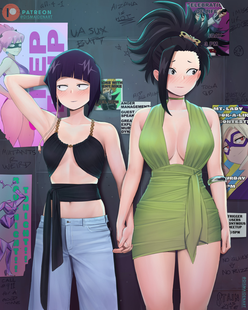 2girls, absurdres, against_wall, averting_eyes, blush, boku_no_hero_academia, breasts, cleavage