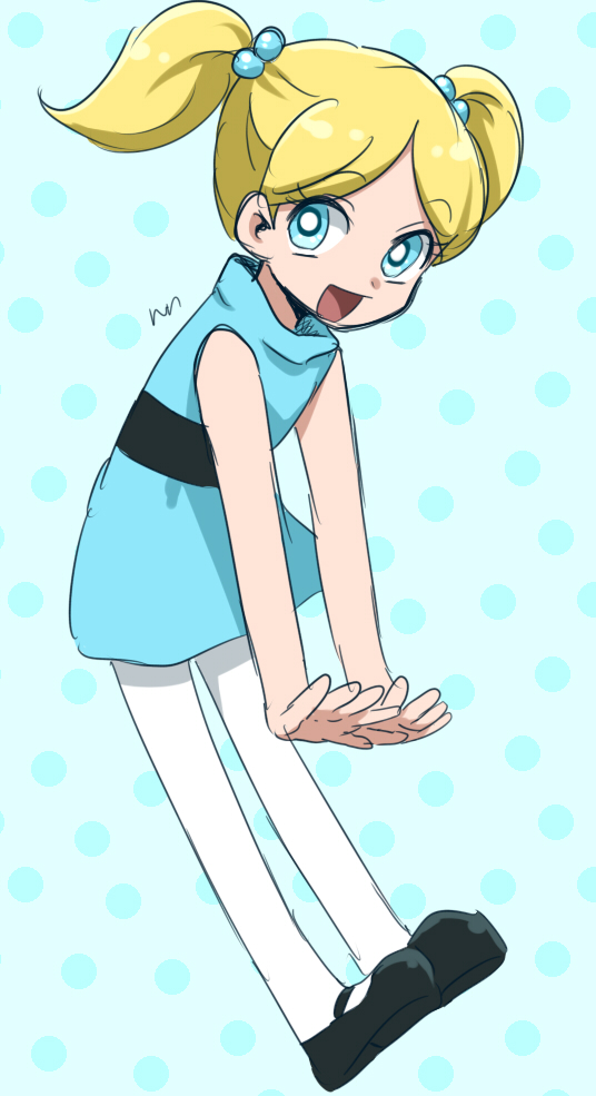 1girl, blonde_hair, blue_dress, blue_eyes, bubbles_(ppg), child, commentary_request, dress