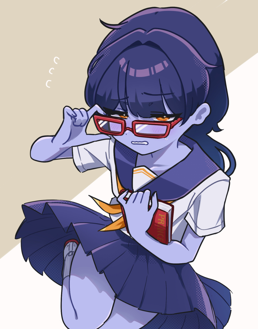 1girl, ^^^, adjusting_eyewear, blue_hair, blue_skin, blush, book, colored_skin