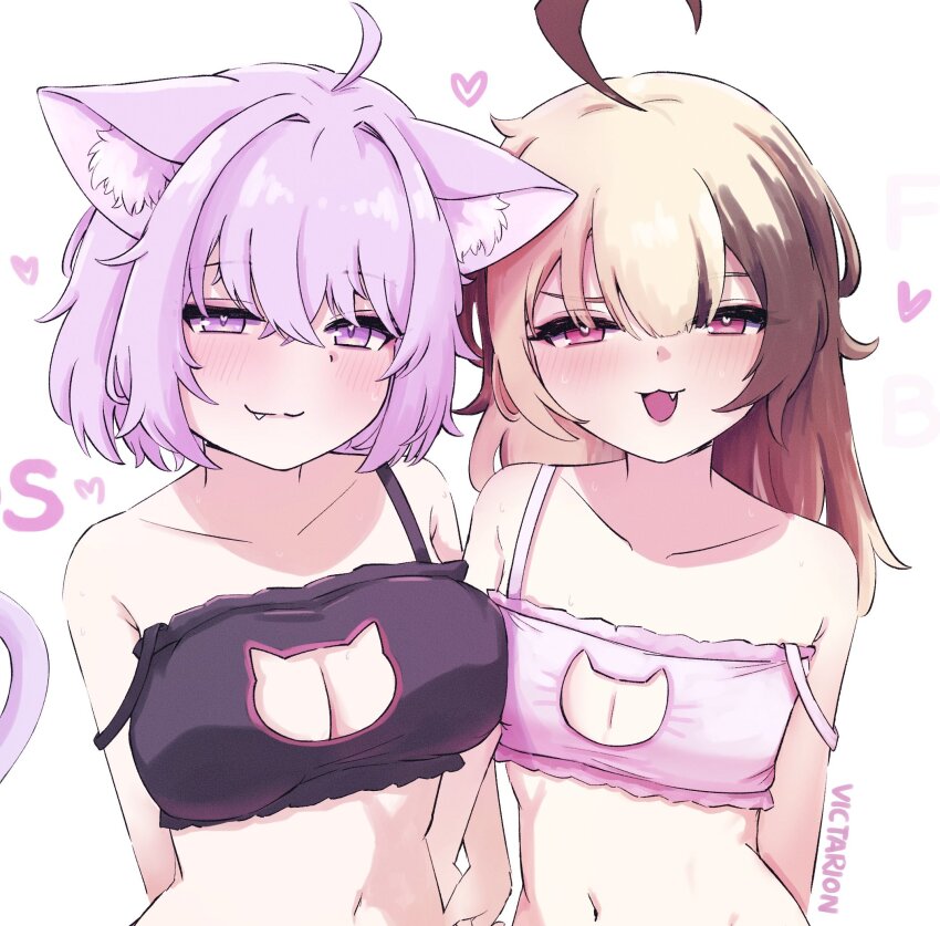 2girls, :3, ahoge, animal_ear_fluff, animal_ears, blonde_hair, blush, breasts