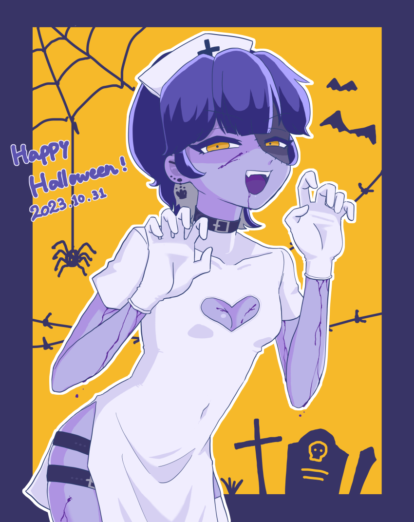 1girl, 2023, absurdres, bat_(animal), blue_hair, blue_skin, breasts, bug, choker, cleavage_cutout, clothing_cutout, colored_skin, commentary_request, dress, earrings, fangs, gloves, graveyard, halloween, happy_halloween, hat, highres, indie_virtual_youtuber, jewelry, leg_cutout, looking_at_viewer, nurse, nurse_cap, orange_eyes, short_sleeves, silk, small_breasts, smile, solo, spider, spider_web, standing, sumeragi_yuzuru_(artist), thigh_strap, tombstone, two-tone_background, virtual_youtuber, white_dress, white_gloves, zombie