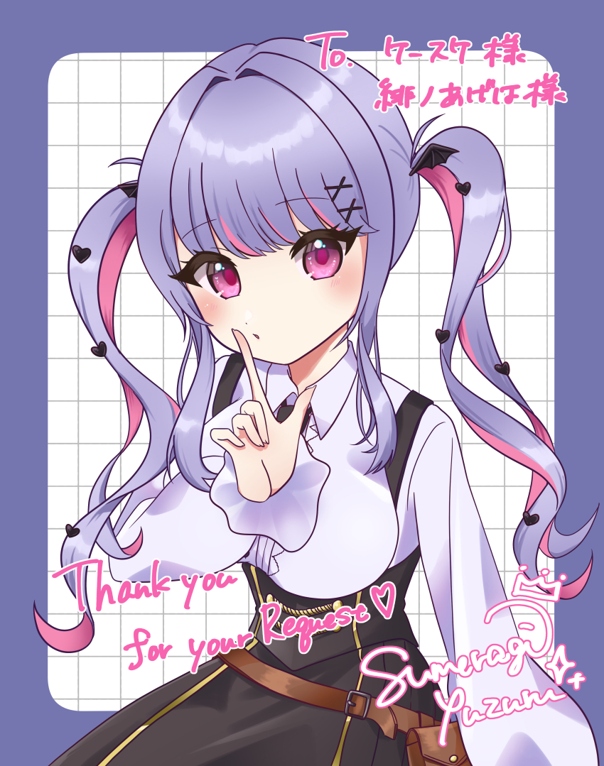 1girl, absurdres, artist_name, bat_wings, commentary_request, commission, cross_hair_ornament, finger_to_mouth