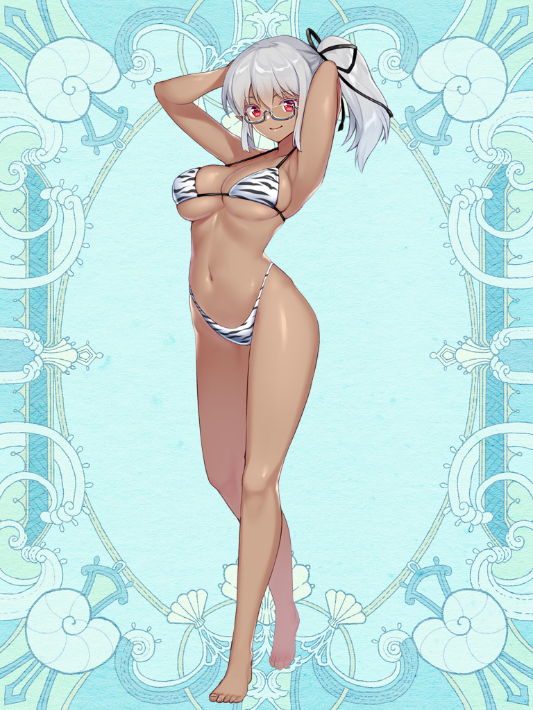 1girl, arms_up, barefoot, bikini, black_ribbon, blue_background, breasts, dark-skinned_female