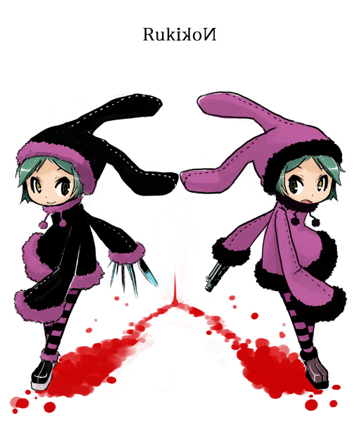 2girls, blood, dogs:_bullets_&amp;_carnage, green_hair, gun, hat, heterochromia, kirari_chito