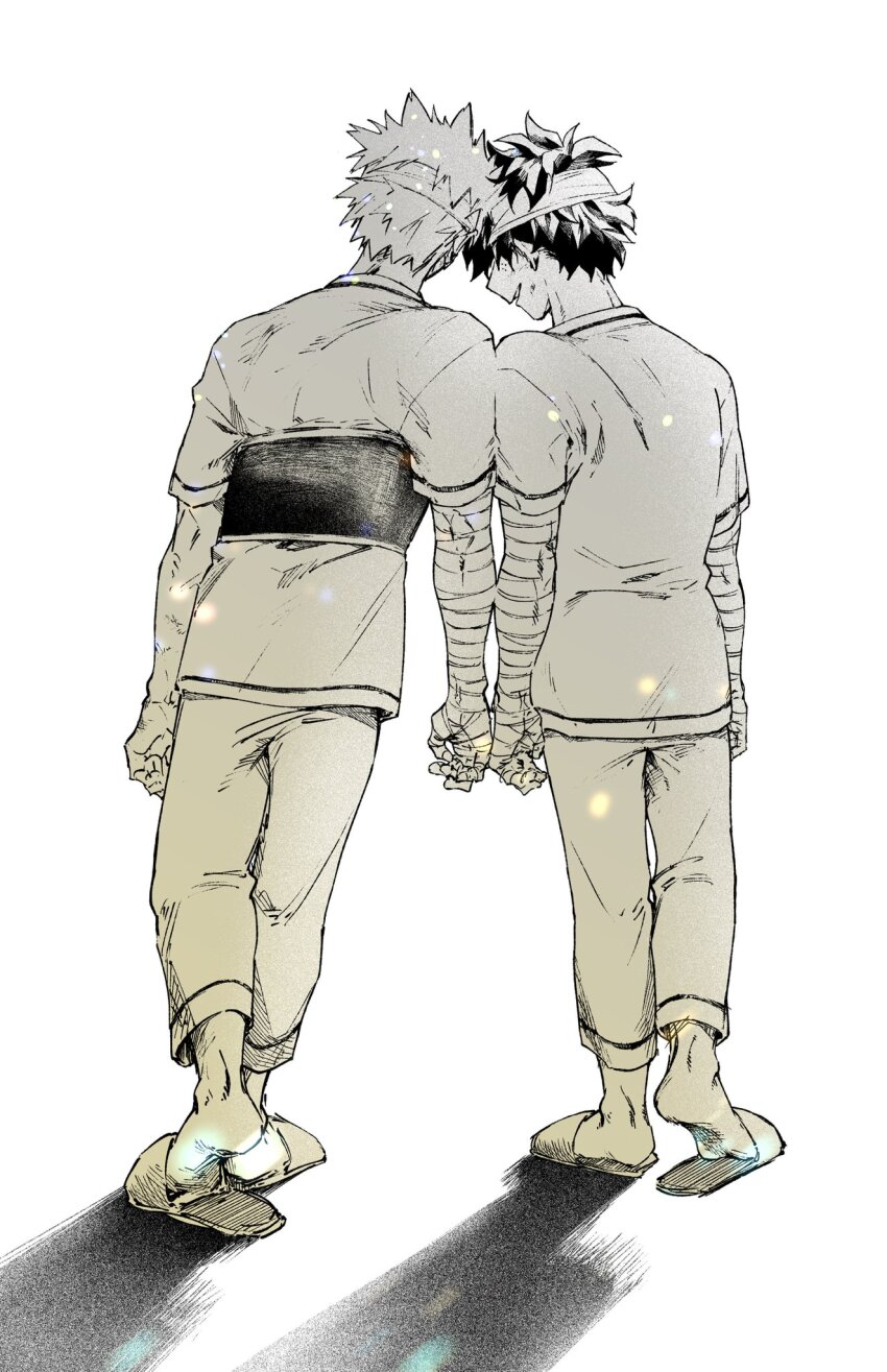 2boys, bakugou_katsuki, bandaged_arm, bandaged_head, bandages, boku_no_hero_academia, commentary_request, from_behind