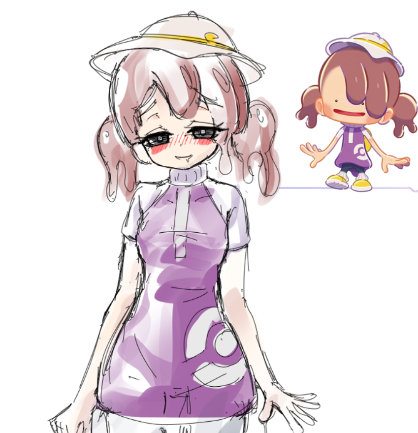 ._., 1girl, backpack, bag, black_pants, blush, blush_stickers, brown_hair, commentary_request, ditto, female_protagonist_(pokemon_pokopia), full_body, gen_1_pokemon, hat, humanization, korean_commentary, nintendo, no_nose, open_mouth, outline, pants, pokemon, pokemon_(creature), pokemon_focus, pokemon_pokopia, purple_shirt, shirt, shoes, short_sleeves, simple_background, sitting, smile, socks, standing, transformed_ditto, ttakji_craft, twintails