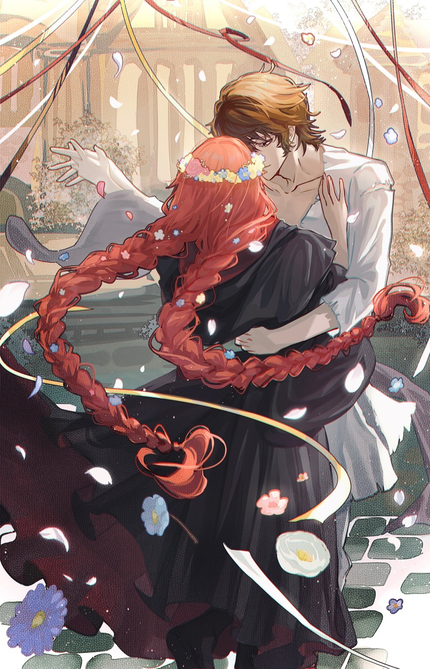 1boy, 1girl, absurdres, black_robe, braid, brown_eyes, brown_hair, chromatic_aberration