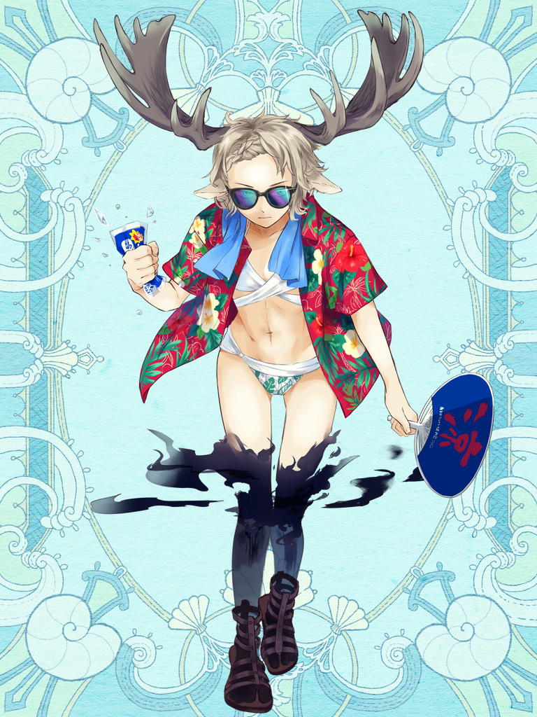 1girl, animal_ears, antlers, black_thighhighs, blue_background, braid, brown_hair, clenched_hand