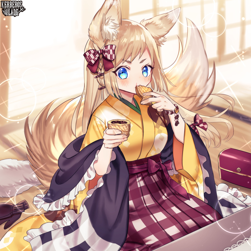 1girl, animal_ear_fluff, animal_ears, blonde_hair, blue_eyes, bow, copyright_name, eating