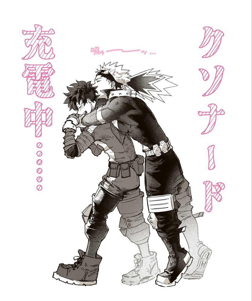 2boys, bakugou_katsuki, belt, boku_no_hero_academia, boots, closed_eyes, commentary_request, from_side