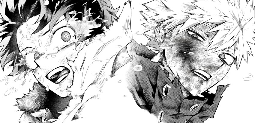 2boys, bakugou_katsuki, blood, blood_on_face, boku_no_hero_academia, cape, commentary_request, dirty