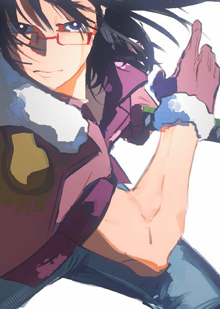 1girl, a_ddove, black_hair, closed_mouth, coat, coat_on_shoulders, denim, epaulettes, glasses, gloves, holding, holding_sword, holding_weapon, jeans, looking_ahead, one_piece, pants, pink_gloves, simple_background, solo, sword, tashigi, weapon, white_background