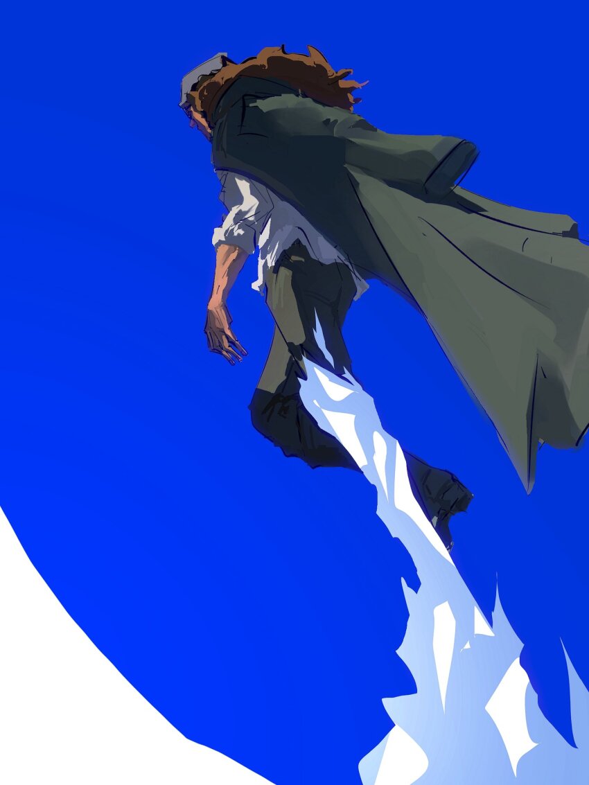 1boy, 1girl, a_ddove, aokiji_(one_piece), black_pants, blue_sky, brown_hair, coat