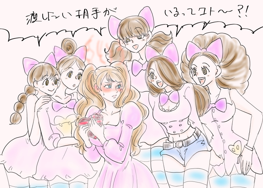 6+girls, absurdres, afro_puffs, aogiri_daikon, blue_eyes, bow, brown_hair, charlotte_akimeg, charlotte_allmeg, charlotte_fuyumeg, charlotte_harumeg, charlotte_nutmeg, charlotte_pudding, commentary_request, dress, hair_bow, hair_over_eyes, hair_over_one_eye, highres, long_hair, midriff, multiple_girls, one_piece, pink_dress, shirt, short_twintails, shorts, siblings, sisters, sleeveless, sleeveless_shirt, thighhighs, third_eye, translation_request, twintails
