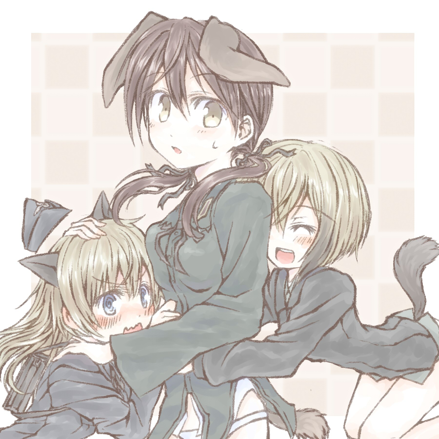 3girls, @_@, animal_ears, blonde_hair, blue_eyes, blush, brown_eyes, brown_hair