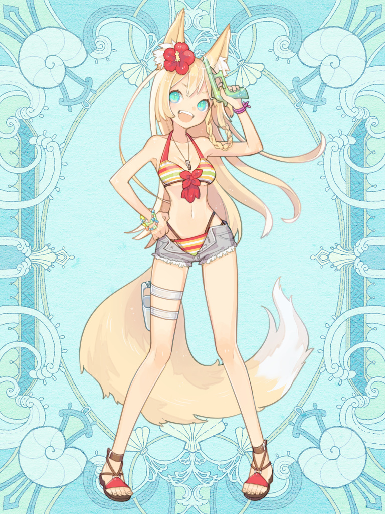 1girl, :d, animal_ear_fluff, animal_ears, artist_request, bikini, blonde_hair, blue_background