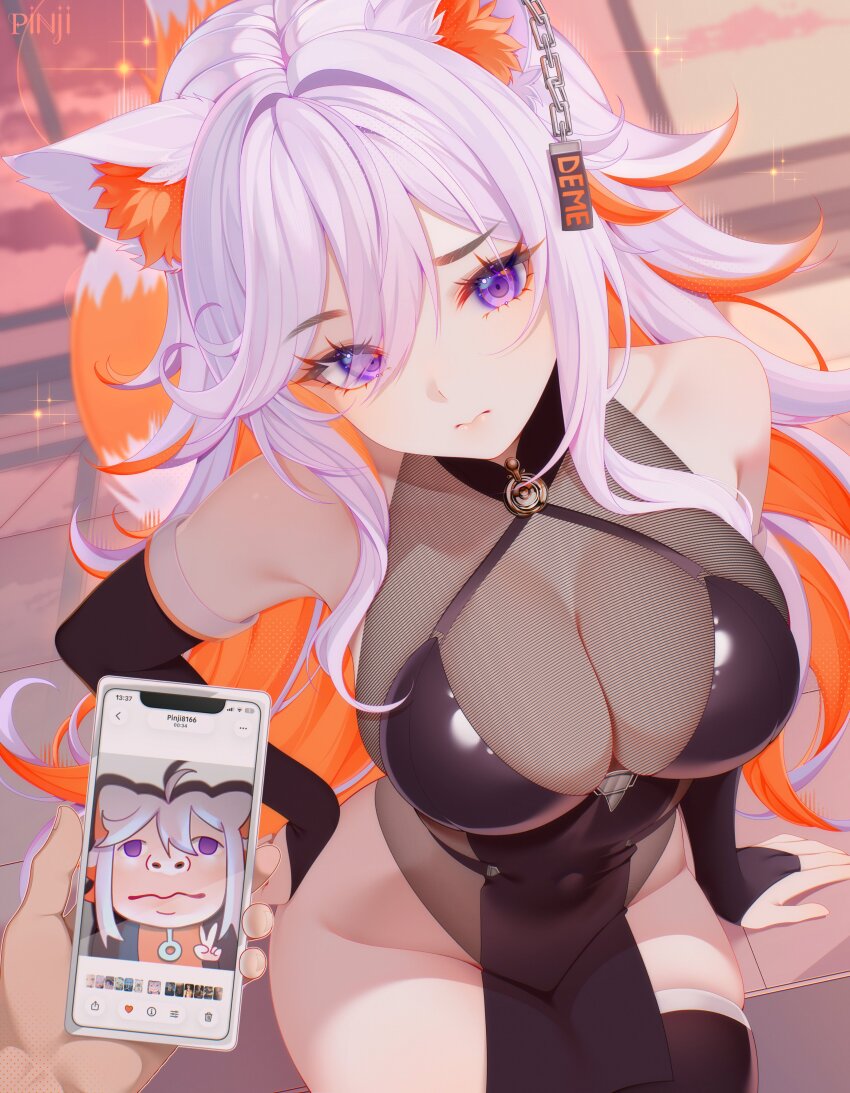 1girl, absurdres, animal_ears, bare_hips, black_sleeves, black_thighhighs, breasts, cellphone, cleavage, commentary, demenishki, english_commentary, hair_between_eyes, halter_leotard, halterneck, highres, hip_focus, indie_virtual_youtuber, large_breasts, leotard, loincloth, orange_hair, phone, pinji8166, purple_eyes, red_panda_ears, red_panda_girl, red_panda_tail, see-through_cleavage, see-through_clothes, see-through_leotard, smartphone, tail, thick_thighs, thighhighs, thighs, virtual_youtuber, white_hair